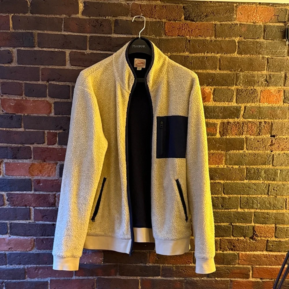 J. Crew Off White and Navy Fleece Full Zip Jacket, L - Picture 7 of 10